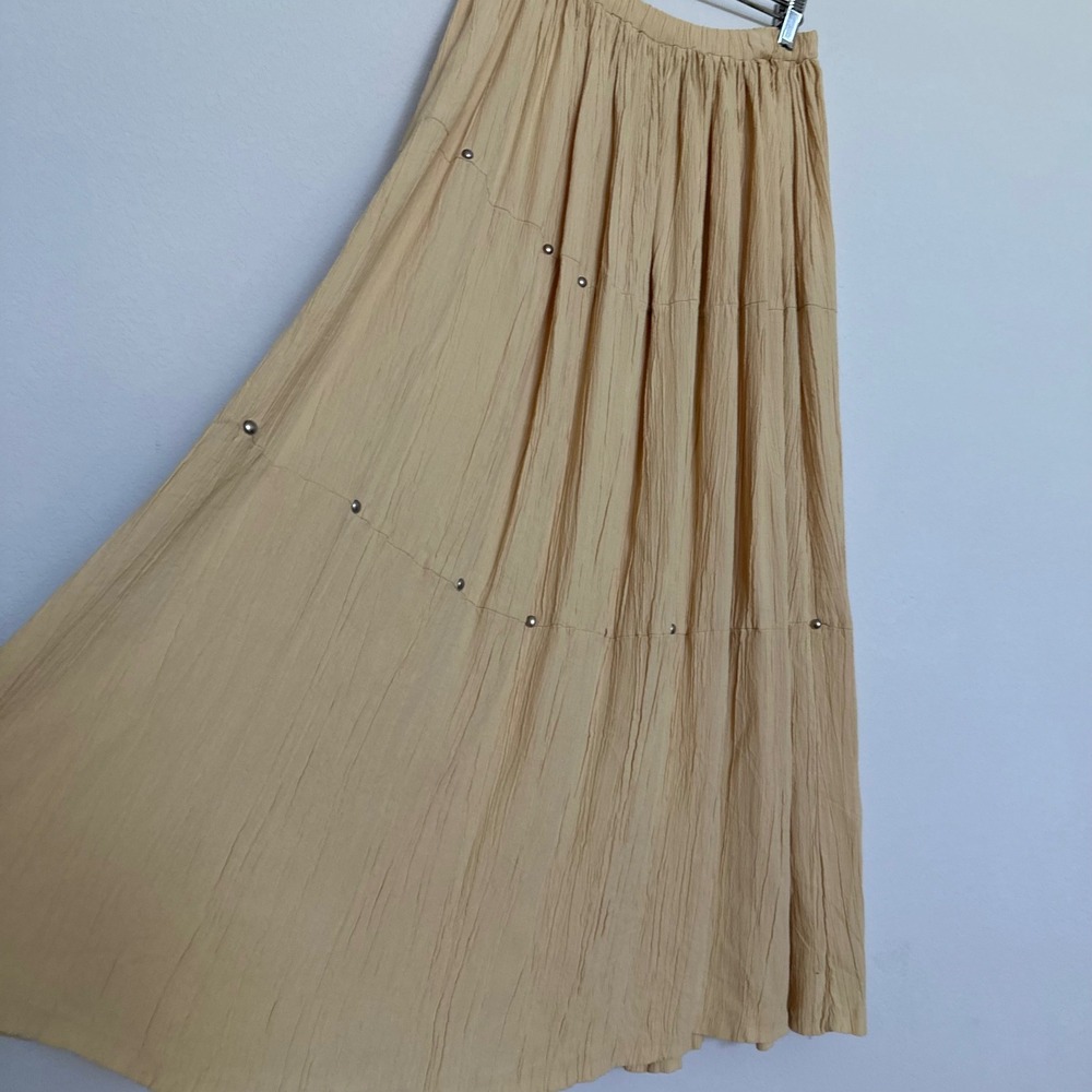 Stonebridge Tan Crinkle Tiered Maxi Skirt Silver Studded Boho Western Small - Picture 4 of 7